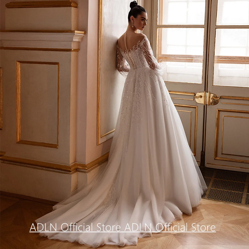 Robe De mariée robes De Novia personnalisé pure manches longues scintillant perles appliques balayage Train