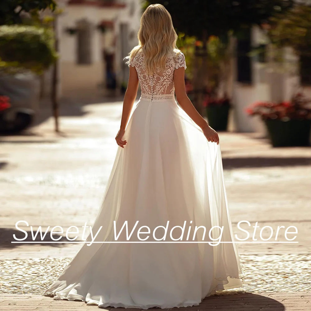 Robe de Mariée en Dentelle de Style Boho à Manches Courtes pour Femme