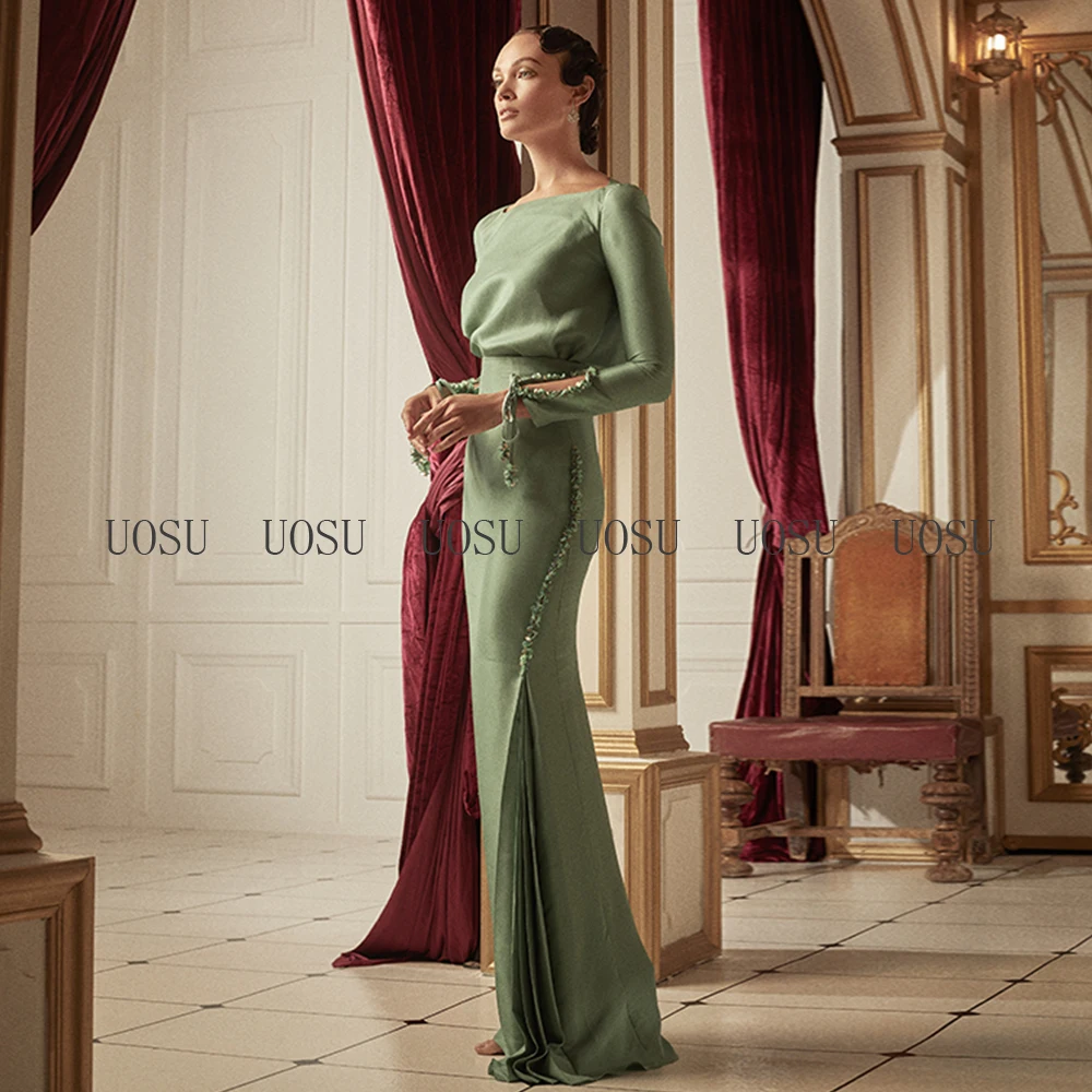 Robe de mère de la mariée personnalisée sirène vert sauge col bateau manches longues perles soirée mariage occasions spéciales