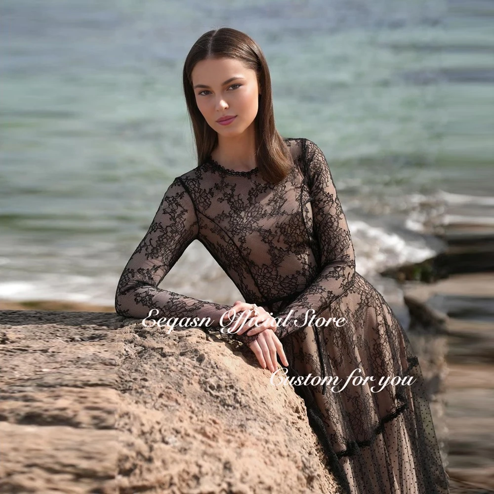 Robe de Soirée en Dentelle à Manches Sulfet Col Rond pour Femme Occasions Spéciales Mariage Personnalisée Taille Naturelle Longueur au Sol Tricoter