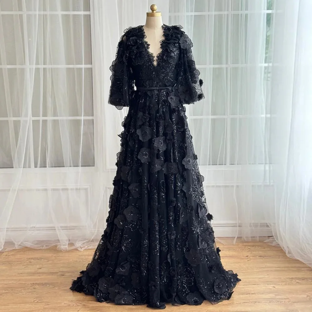 Robe de soirée noire personnalisée, manches chauve-souris, col en V, paillettes, dentelle florale, ligne A, robe de soirée de concours, robes de bal, traîne de balayage