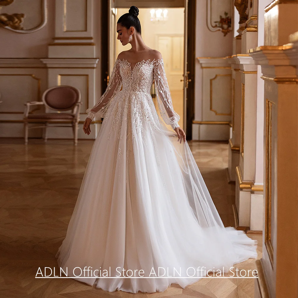 Robe De mariée robes De Novia personnalisé pure manches longues scintillant perles appliques balayage Train