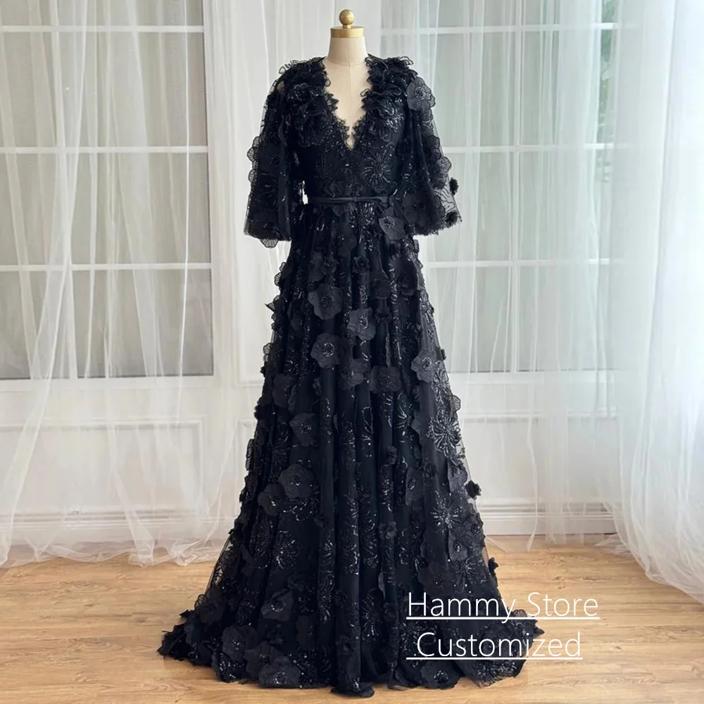 Robe de soirée noire personnalisée, manches chauve-souris, col en V, paillettes, dentelle florale, ligne A, robe de soirée de concours, robes de bal, traîne de balayage
