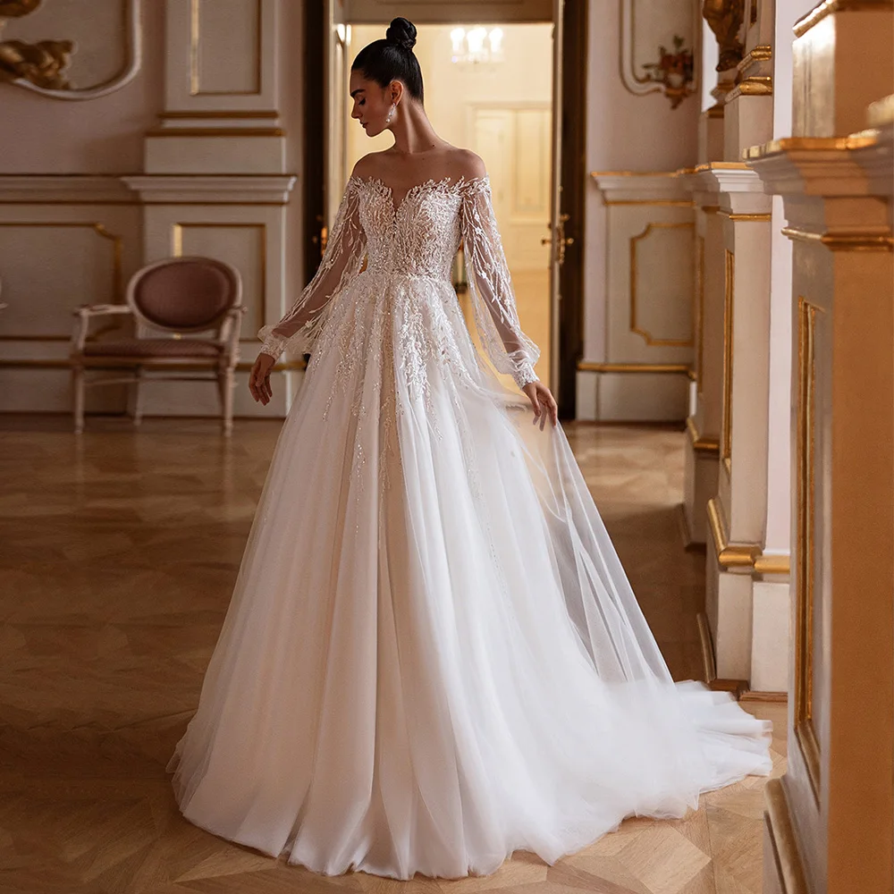 Robe De mariée robes De Novia personnalisé pure manches longues scintillant perles appliques balayage Train